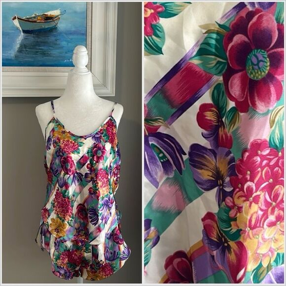 Vintage California Dynasty 2 Piece Sleeveless Short Floral Pajama Set - Picture 1 of 14